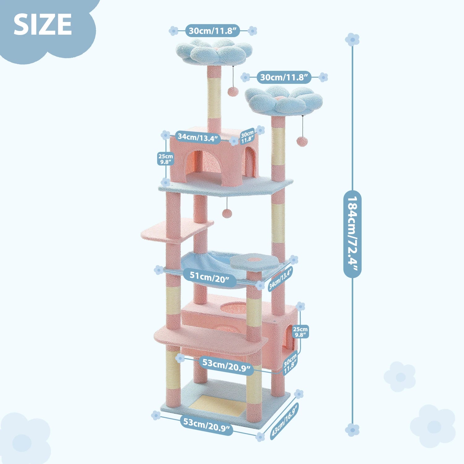72.5 Inches Large Cat Tree Tower for Indoor Cats With Sisal-Covered Scratching Posts Spacious Hammock Padded Perches and Condos
